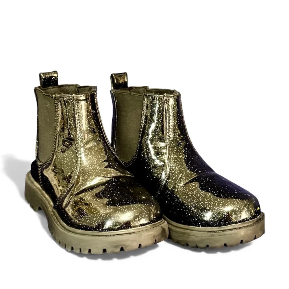 Kids Glitter Chelsea‎ Boots Black Metallic Sparkle Pull On Chunky Sole Size 9